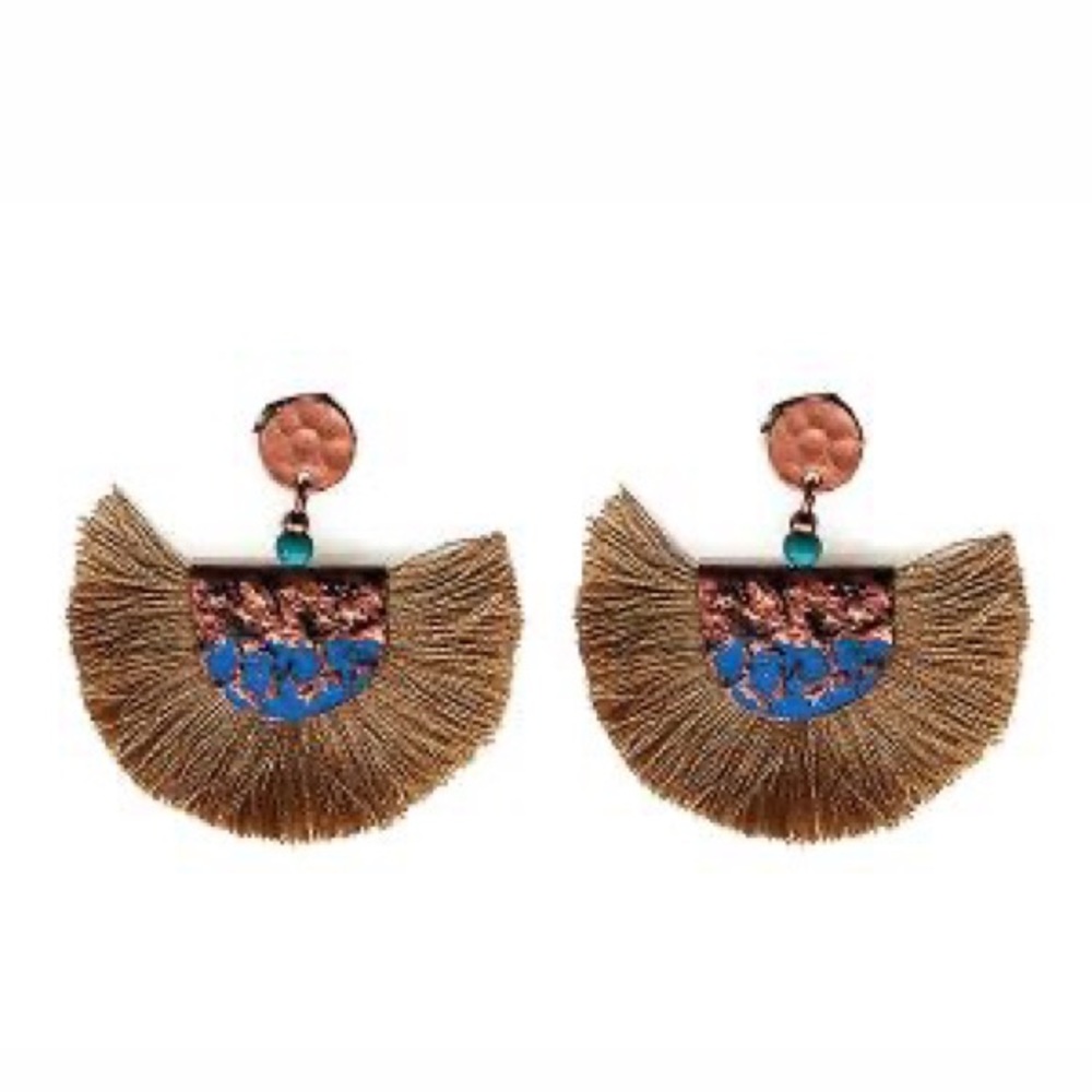Thread tassel fringe antiqued look fan style brown earrings